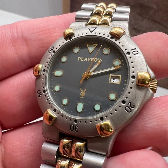 Vintage Playboy Diver Watch Mens Quartz Date Two Tone